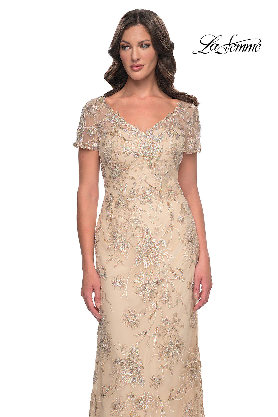 Picture of: Gorgeous Beaded Long Gown with Short Sleeves and V Neck in Light Gold, Style: 30798, Detail Picture 3