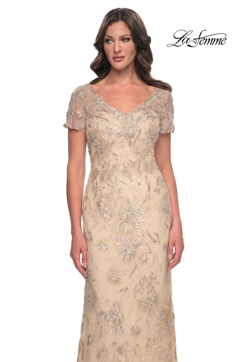 Picture of: Gorgeous Beaded Long Gown with Short Sleeves and V Neck in Light Gold, Style: 30798, Detail Picture 3