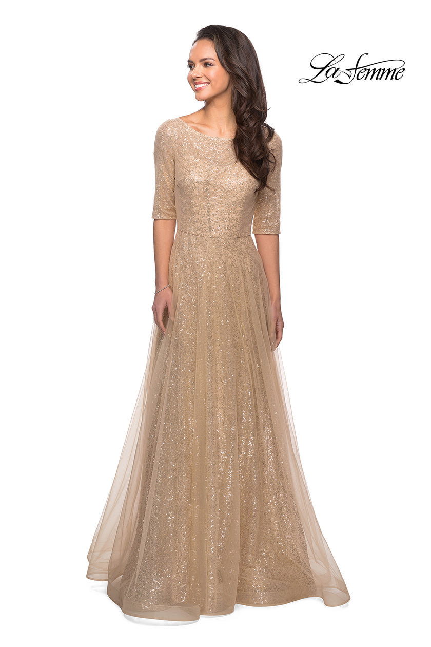 Picture of: Fully Sequined Floor Length Gown with Pockets in Light Gold, Style: 27016, Detail Picture 5