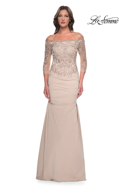 Picture of: Satin Mermaid Gown with Off the Shoulder Lace Bodice in Light Gold, Style: 29324, Detail Picture 5