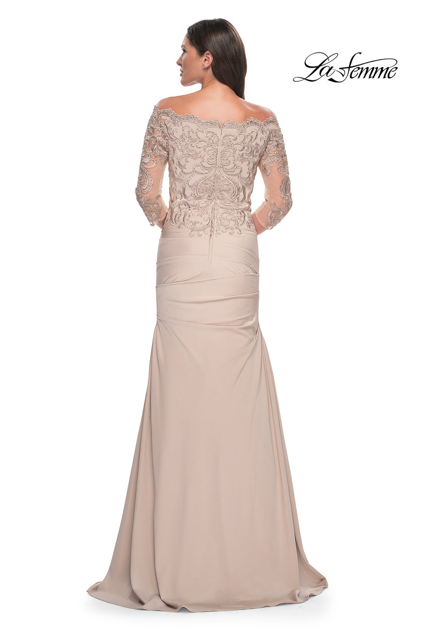 Picture of: Satin Mermaid Gown with Off the Shoulder Lace Bodice in Light Gold, Style: 29324, Detail Picture 6