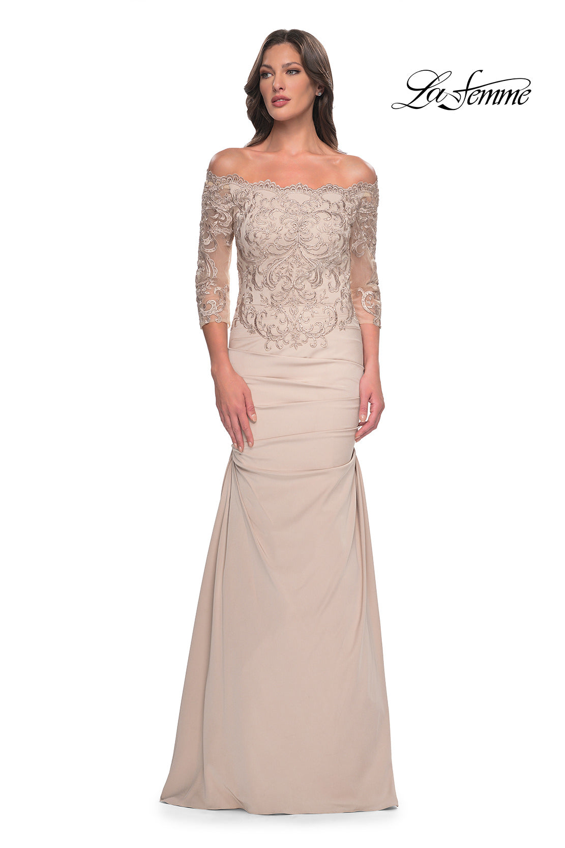 Picture of: Satin Mermaid Gown with Off the Shoulder Lace Bodice in Light Gold, Style: 29324, Detail Picture 7