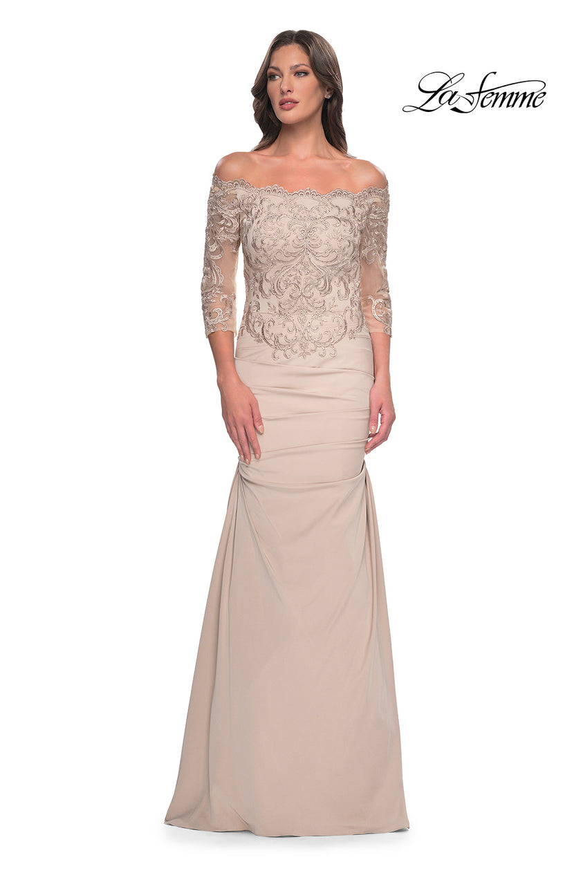 Picture of: Satin Mermaid Gown with Off the Shoulder Lace Bodice in Light Gold, Style: 29324, Detail Picture 7