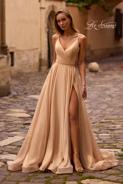 Picture of: Stunning Metallic Chiffon Gown with Ruched Bodice and Slit in Light Gold, Style: 32864, Main Picture