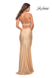 Picture of: Lace and Jersey Two Piece Illusion Top Dress in Light Gold, Back Picture