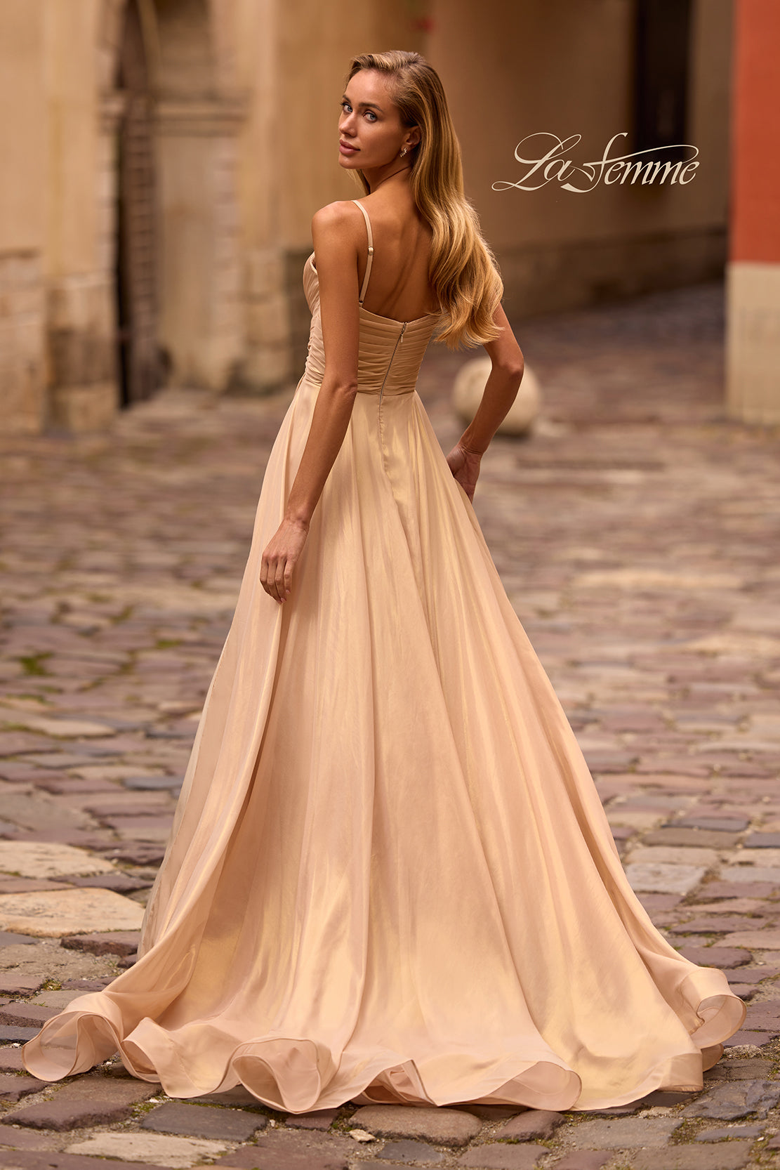 Picture of: Stunning Metallic Chiffon Gown with Ruched Bodice and Slit in Light Gold, Style: 32864, Back Picture