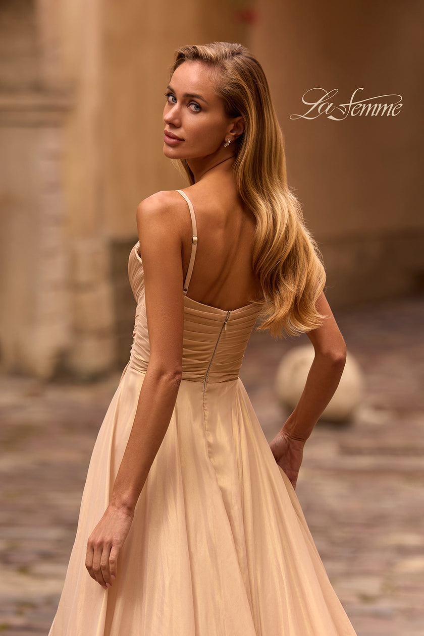 Picture of: Stunning Metallic Chiffon Gown with Ruched Bodice and Slit in Light Gold, Style: 32864, Detail Picture 2