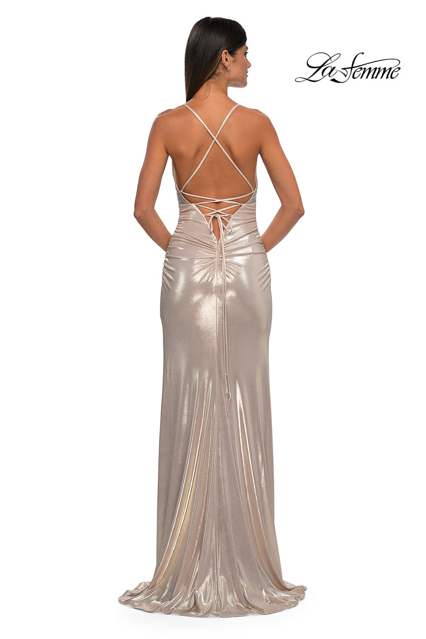 Picture of: Metallic Jersey Ruched Prom Dress with Rhinestone Bodice in Light Gold, Style: 32793, Detail Picture 4