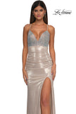 Picture of: Metallic Jersey Ruched Prom Dress with Rhinestone Bodice in Light Gold, Style: 32793, Detail Picture 7