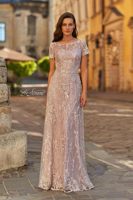 Picture of: Short Sleeve Embroidered A-Line Gown with Illusion Neckline in Light Mauve, Style: 31838, Main Picture