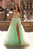 Picture of: Corset Tulle A-Line Gown with Lace Applique and Slit in Light Mint, Style: 33860, Main Picture