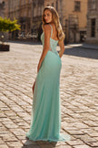 Picture of: Lace Bodice Gown with Ruched Skirt and High Slit in Light Mint, Style: 33661, Back Picture