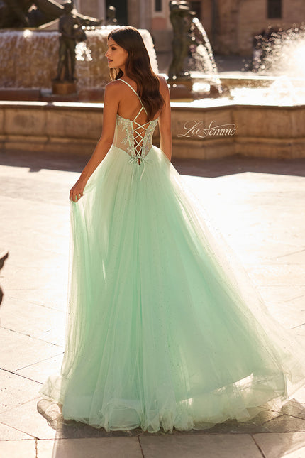 Picture of: Corset Tulle A-Line Gown with Lace Applique and Slit in Light Mint, Style: 33860, Back Picture