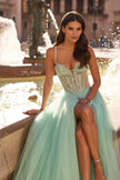 Picture of: Corset Tulle A-Line Gown with Lace Applique and Slit in Light Mint, Style: 33860, Detail Picture 1