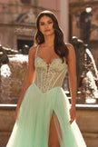 Picture of: Corset Tulle A-Line Gown with Lace Applique and Slit in Light Mint, Style: 33860, Detail Picture 6