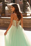 Picture of: Corset Tulle A-Line Gown with Lace Applique and Slit in Light Mint, Style: 33860, Detail Picture 7