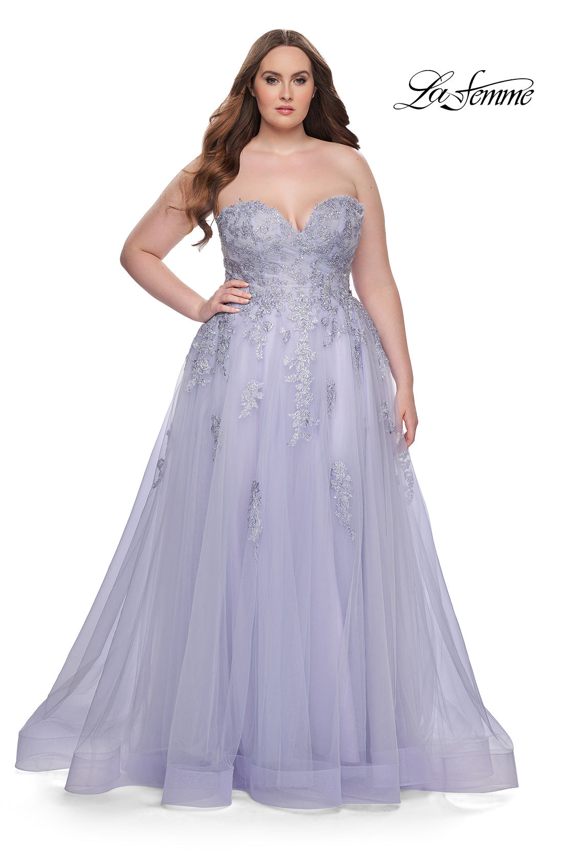 Picture of: Strapless Lace and Tulle A-Line Plus Gown with Tie Back in Light Periwinkle, Style: 31570, Detail Picture 12