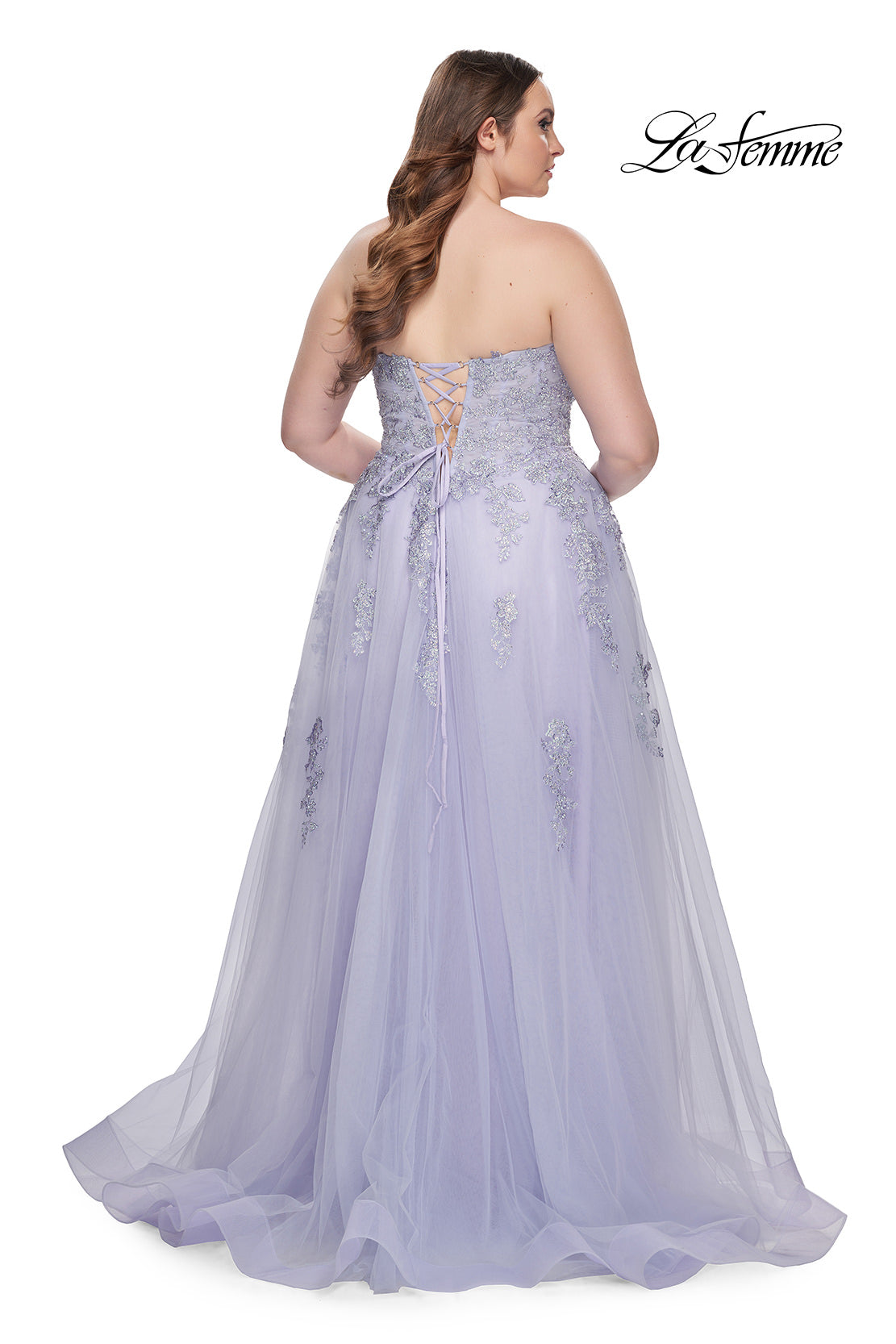 Picture of: Strapless Lace and Tulle A-Line Plus Gown with Tie Back in Light Periwinkle, Style: 31570, Detail Picture 13