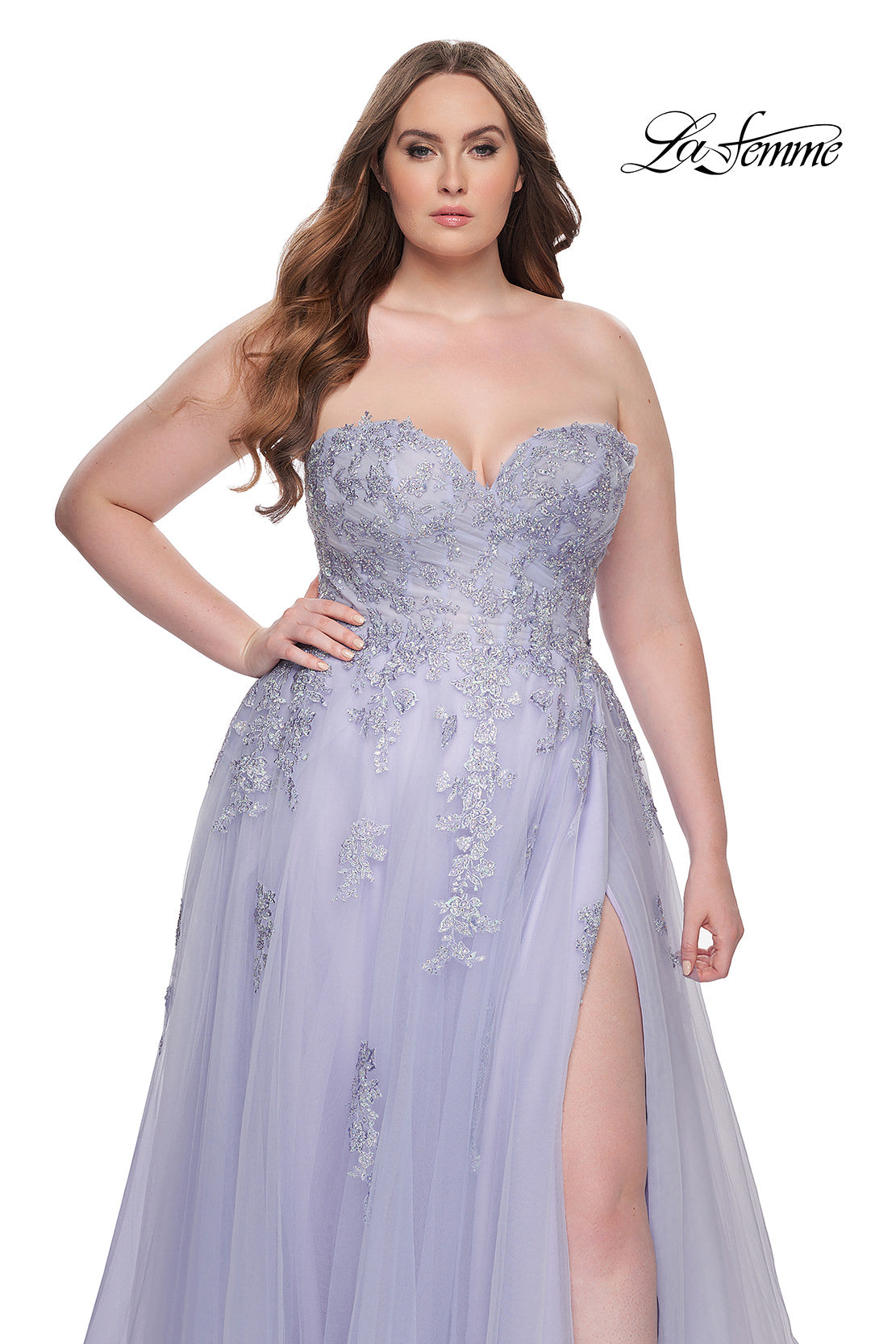 Picture of: Strapless Lace and Tulle A-Line Plus Gown with Tie Back in Light Periwinkle, Style: 31570, Detail Picture 14