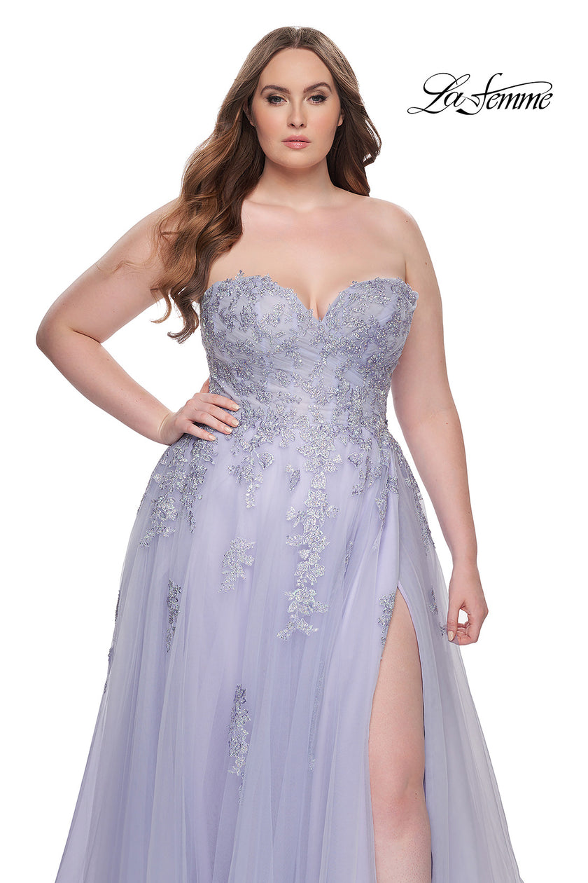 Picture of: Strapless Lace and Tulle A-Line Plus Gown with Tie Back in Light Periwinkle, Style: 31570, Detail Picture 14