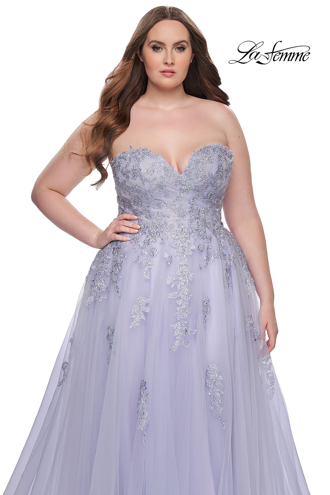 Picture of: Strapless Lace and Tulle A-Line Plus Gown with Tie Back in Light Periwinkle, Style: 31570, Detail Picture 15