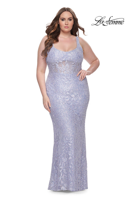 Picture of: Fitted Beaded Lace Plus Size Prom Dress with Illusion Waist in Light Periwinkle, Style: 31535, Detail Picture 1