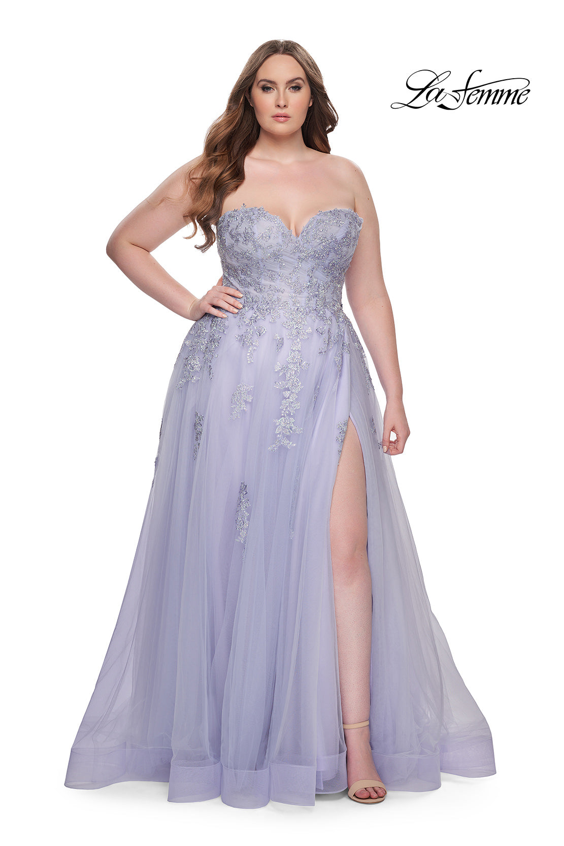 Picture of: Strapless Lace and Tulle A-Line Plus Gown with Tie Back in Light Periwinkle, Style: 31570, Detail Picture 2