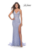 Picture of: Rhinestone Lace Embellished Prom Dress with High Side Slit in Bright Colors in Light Periwinkle, Style: 31404, Main Picture