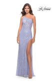 Picture of: Beaded Lace One Shoulder Dress with Unique Lace Up Back in Light Periwinkle, Style: 31515, Main Picture