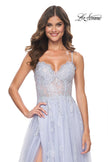 Picture of: A-Line Tulle Gown with Scallop Detail Bodice and Lace Applique in Light Periwinkle, Style: 32028, Main Picture