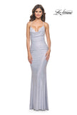 Picture of: Neon Rhinestone Embellished Ruched Prom Dress with Draped Neckline in Light Periwinkle, Style: 31968, Detail Picture 8
