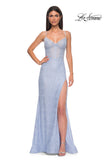 Picture of: Stretch Satin Prom Dress with Eyelet Detail Neckline in Light Periwinkle, Style 32671, Detail Picture 8