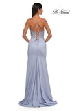 Picture of: Lace and Ruched Jersey Prom Dress with Deep V Neckline in Light Periwinkle, Style: 33001, Detail Picture 8