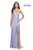 Picture of: Fringe Beaded Slit Jersey Gown with Lace Up Back in Light Periwinkle, Style: 31326, Detail Picture 10