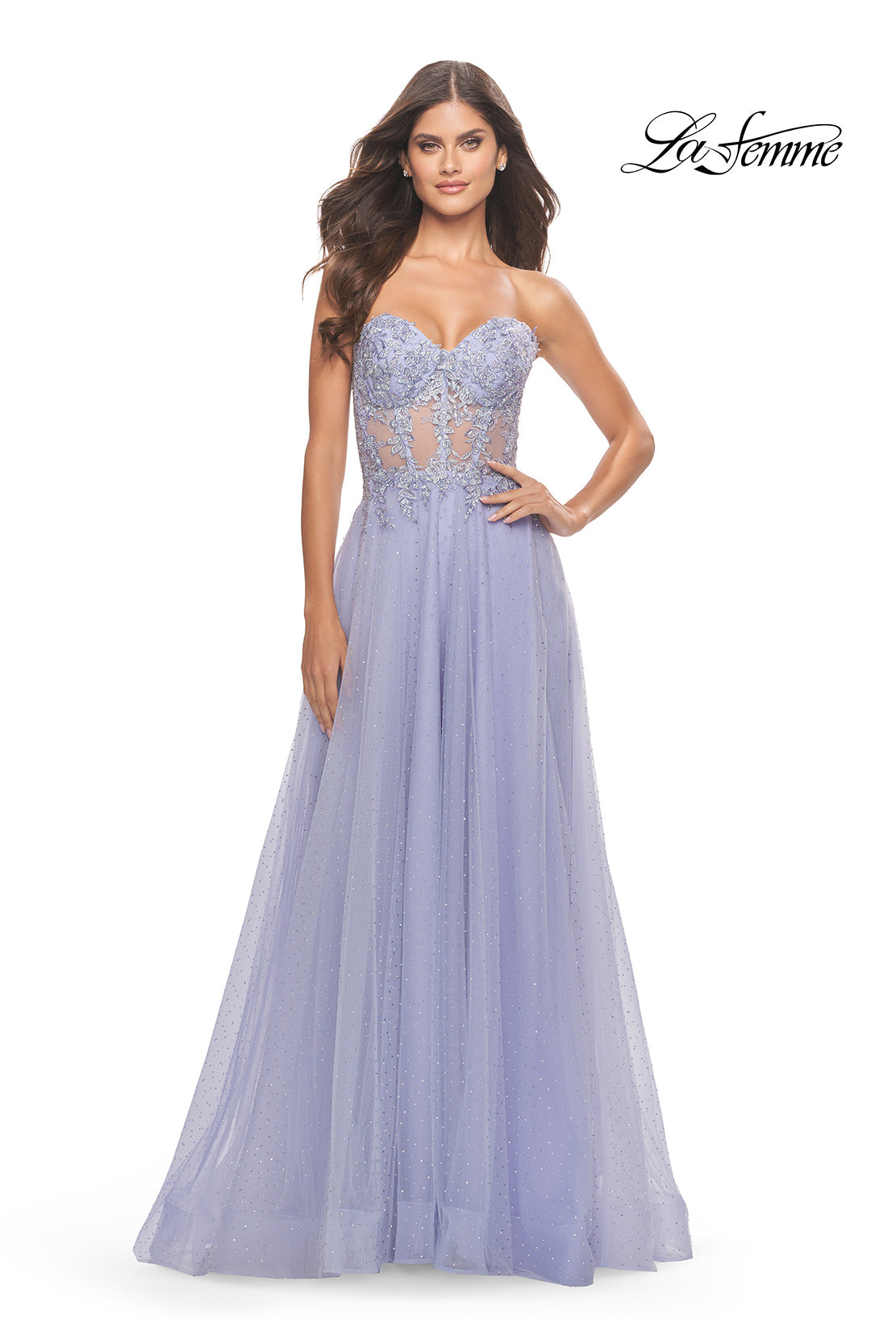 Picture of: Rhinestone Tulle Gown with Sheer Lace Bodice in Light Periwinkle, Style: 31367, Detail Picture 10