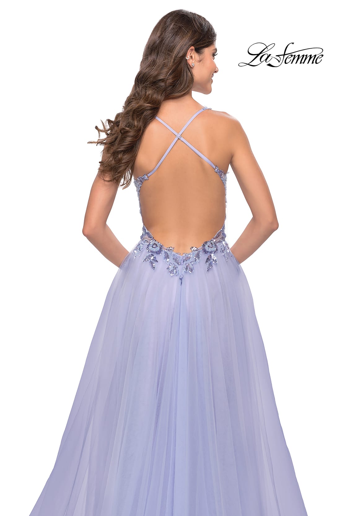 Picture of: Tulle A-Line Gown with Sheer Bodice and Beaded Lace Detail in Light Periwinkle, Style: 31369, Detail Picture 10