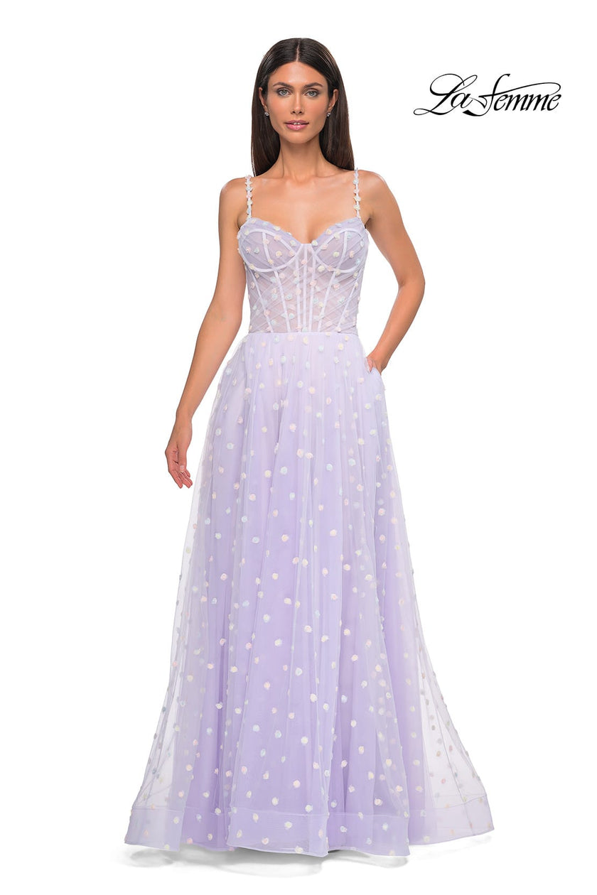 Picture of: Polka Dot Tulle Prom Dress with Sheer Corset Top in Light Periwinkle, Style 32716, Detail Picture 10