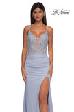 Picture of: Lace and Ruched Jersey Prom Dress with Deep V Neckline in Light Periwinkle, Style: 33001, Detail Picture 13