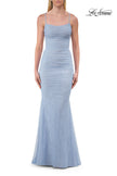 Picture of: Ruched Lace Fitted Gown with Strappy Open Back in Light Periwinkle, Style: 33857, Detail Picture 13