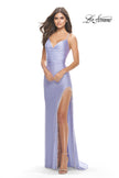Picture of: Fringe Beaded Slit Jersey Gown with Lace Up Back in Light Periwinkle, Style: 31326, Detail Picture 15