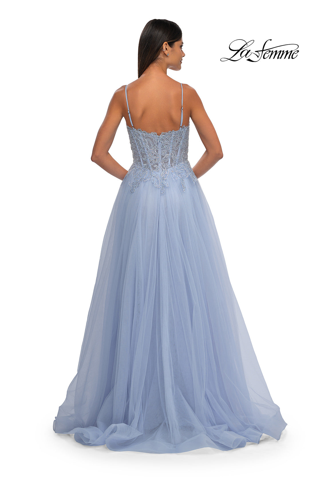 Picture of: Lace and Tulle A-line Prom Dress with High Slit in Light Periwinkle, Style: 32646, Detail Picture 16