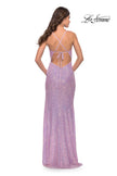 Picture of: Sequin Prom Dress with Ruching and Open Tie Back in Light Periwinkle, Style: 31349, Back Picture