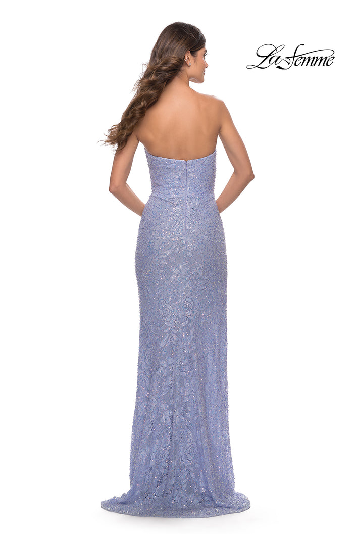 Picture of: Beaded Lace Strapless Dress with High Side Slit in Light Periwinkle, Style: 31351, Back Picture