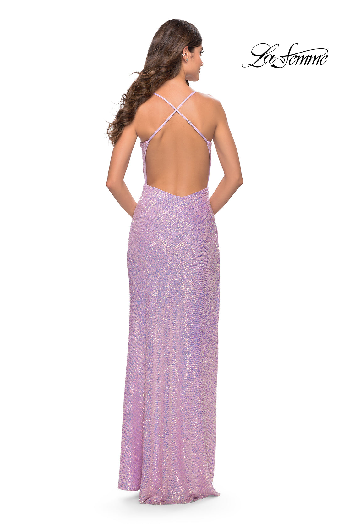 Picture of: Ruched Sequin Prom Dress with High Side Slit in Light Periwinkle, Style: 31405, Back Picture