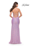 Picture of: Lace Up Back Sequin Gown with Flare Skirt in Bright Colors in Light Periwinkle, Style: 31509, Back Picture