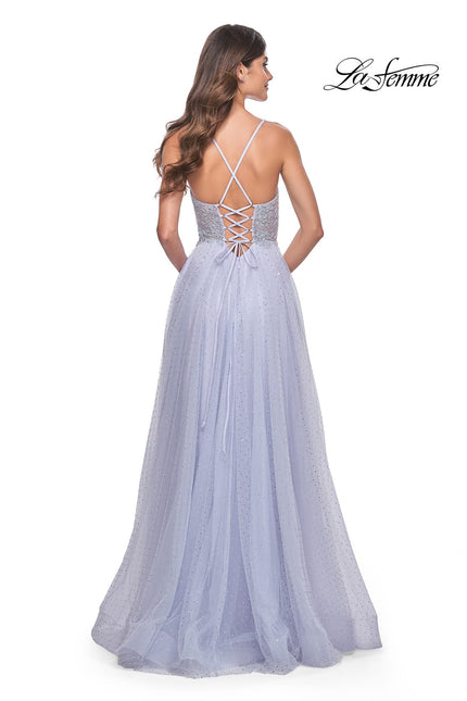 Picture of: Beautiful Rhinestone Beaded Illusion Top Tulle Prom Dress in Light Periwinkle, Style: 32020, Back Picture