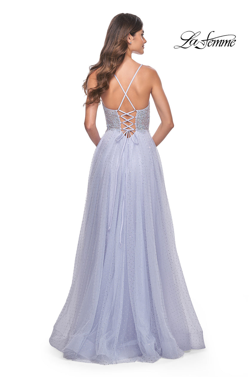 Picture of: Beautiful Rhinestone Beaded Illusion Top Tulle Prom Dress in Light Periwinkle, Style: 32020, Back Picture