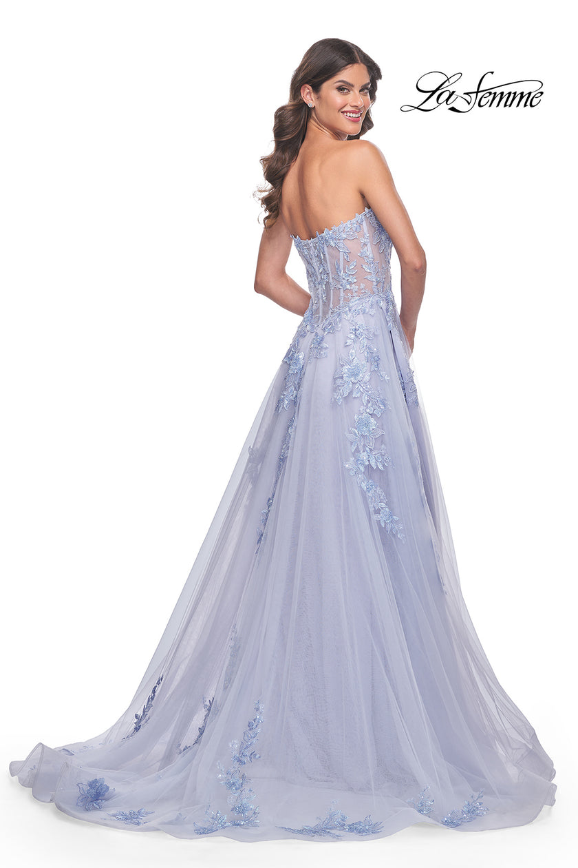 Picture of: Sweetheart Strapless Gown with Beautiful Lace Applique in Light Periwinkle, Style: 32082, Back Picture