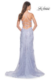 Picture of: Lace Fitted Dress with Deep V Neckline and Lace Applique in Light Periwinkle, Style: 32205, Back Picture