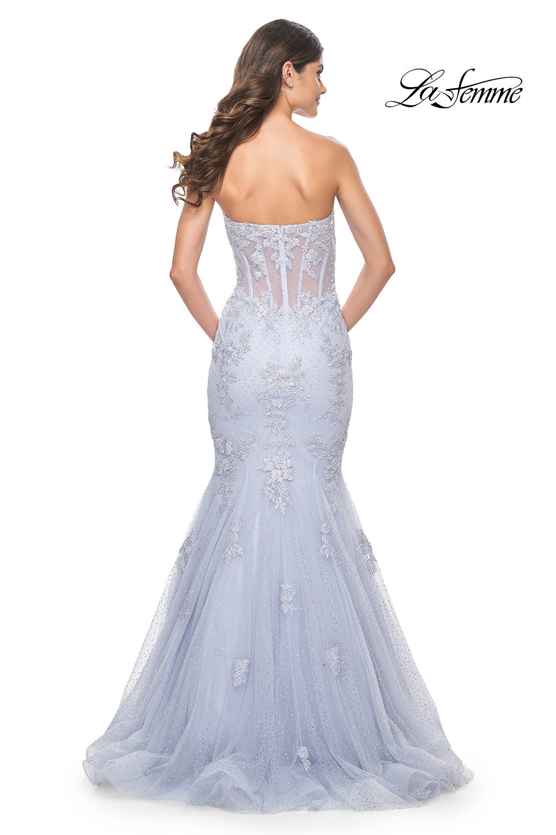 Picture of: Mermaid Strapless Dress with Illusion Bodice and Lace Applique in Light Periwinkle, Style: 32214, Back Picture